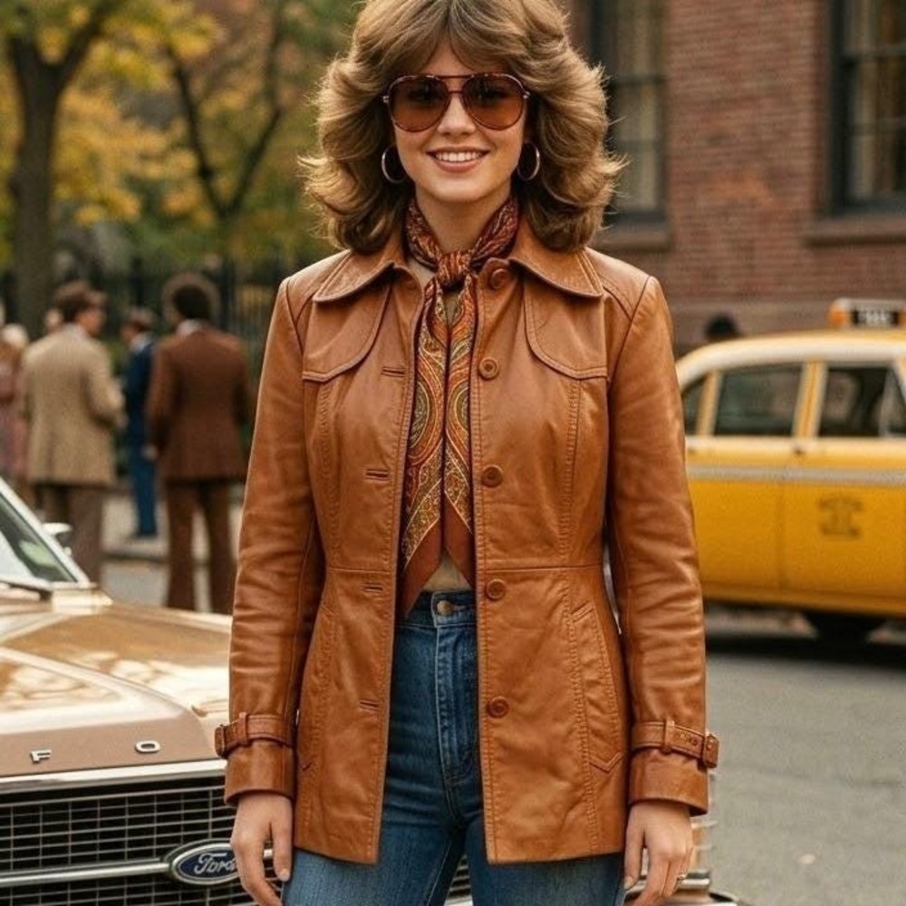 Rare Womens Vintage Retro 1970s Tan cognac brown Leather Button-Front Jacket,